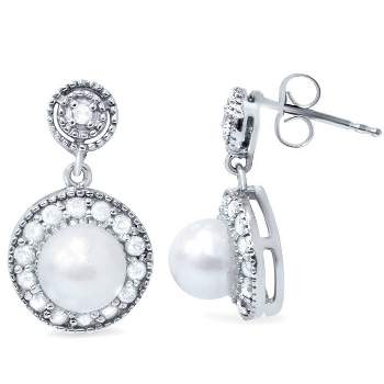Pompeii3 3/8ct Diamond & Pearl Vintage Gatsby Style Earrings 10K White Gold