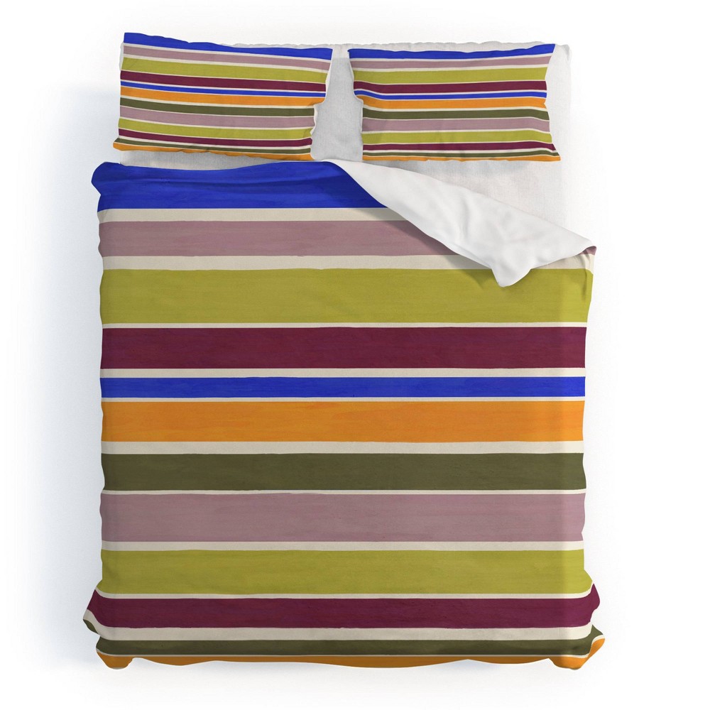 Photos - Bed Linen Deny Designs Full/Queen Avenie Modern Craft Roman Striped Duvet and Sham Set Cool Colors