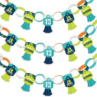 Big Dot of Happiness Boy 13th Birthday - 90 Chain Links and 30 Paper Tassels Decor Kit- Official Teenager Birthday Paper Chains Garland - 21 feet