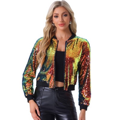 INSPIRE CHIC Women's Party Sequin Sparkle Long Sleeve Cropped Length Zipper Bomber Jacket