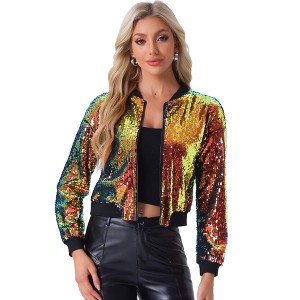 INSPIRE CHIC Women's Party Sequin Sparkle Long Sleeve Cropped Length Zipper Bomber Jacket - 1 of 4