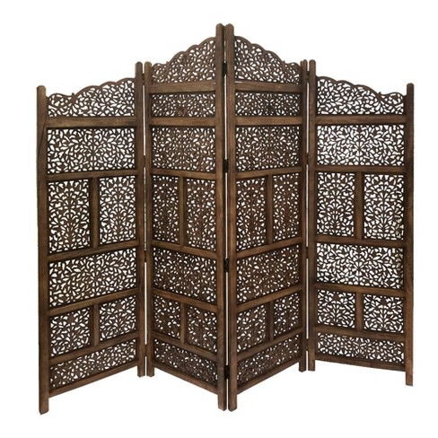 Hand Carved Foldable 4 Panel Wooden Partition Screen Room Divider Cocoa Benzara