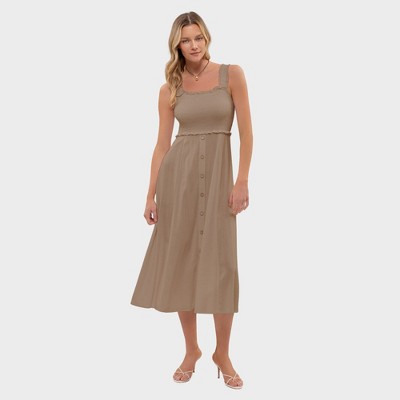 August Sky Women's Sleeveless Smocked Bodice Faux Button Down Skirt Midi Dress