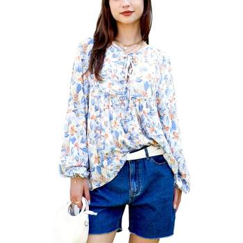 Anna-Kaci Women's Summer Boho Ruffle Shirt Drawstring Long Sleeve Flowy Blouse- Medium ,Light Blue