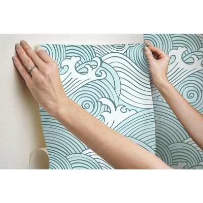 Teal and White Asian Waves Peel and Stick Wallpaper Roll