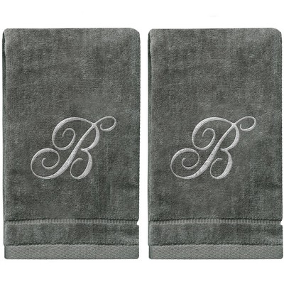 Creative Scents Gray Fingertip Monogrammed Towels Silver Embroidered