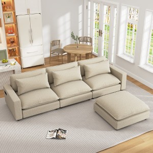 128"W Sectional Sofa with Movable Ottoman, Chenille Upholstered Sofa Couch with Charging Ports and Pillows 4L - ModernLuxe - 1 of 4