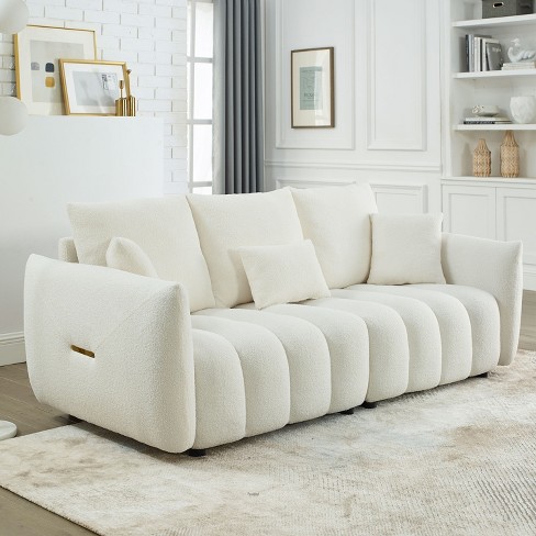 82 Premium Teddy Fabric Sofa Upholstered Couch with 3 Back Pillows 3 Back Cushions Armrest Couch 3 Seater Sofa