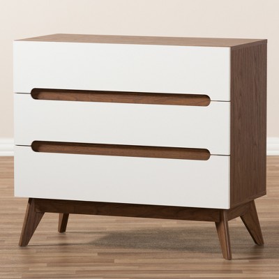 White and Walnut Mid-Century Modern 3-Drawer Chest