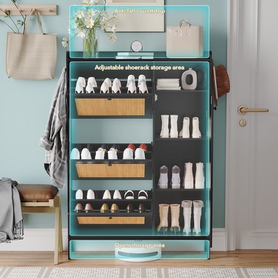 Black Wood and Rattan Freestanding Shoe Cabinet with Adjustable Shelves