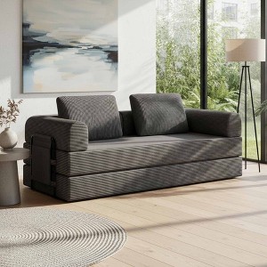 QingMoon Convertible Sleeper Sofa Bed, Corduroy Folding Mattress Couch, 3-Seat Floor Sofa with Pull Out Bed and Cylindrical Pillow for Living Room - 1 of 4