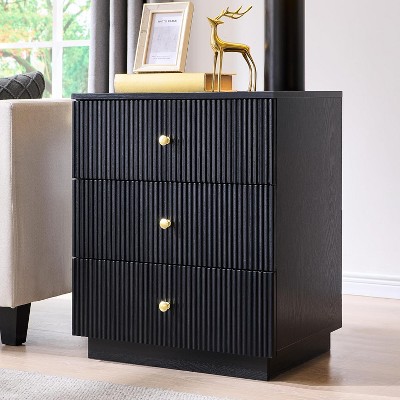 SinCiDo Fluted Nightstand with Charging Station, 21.65" Wide Modern Wood Bedside Table w/3 Storage Drawers for Bedroom, Living Room