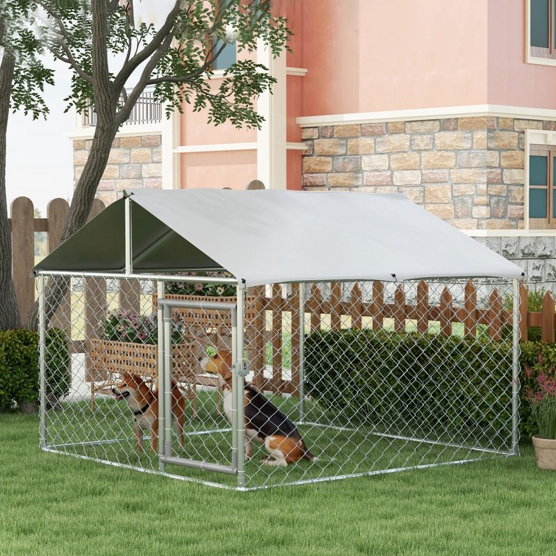 PawHut Dog Kennel, Outdoor Dog Run with Waterproof, UV Resistant Roof for Small and Medium Dogs, Silver, 3 of 7