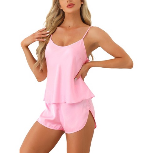 Cheibear Women s Silky Satin Adjustable Straps Cami Top And Shorts Pajamas Sets Pink X small Target