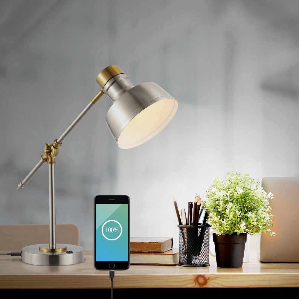 18.5" Allegra Farmhouse Adjustable Cantilever Task Lamp with USB Charging Port (Includes LED Light Bulb) Nickel/Gold - JONATHAN Y