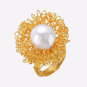 Guili Sterling Silver Gold Plated Ring with 14MM Freshwater Pearl, a Bold Statement Piece with Elegant Appeal, Available in Sizes 6–8. - 1 of 4