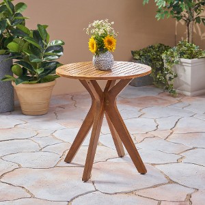 Acacia Wood Outdoor Bistro Table, Round Slatted Patio Side Table with Cross Base, Teak Round Patio End Tables -Christopher Knight Home - 1 of 4