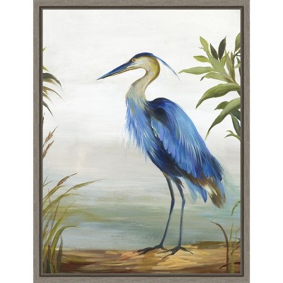 Blue Heron Portrait Framed Canvas Wall Art in Sylvie Graywash