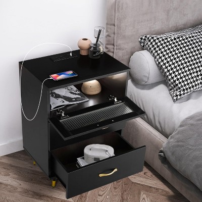 Modern Nightstand with Drawer, Mid Century Side Table Bedroom, Wood Dresser for Bedroom Cabinet, Black