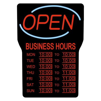 Photo 1 of Royal Sovereign Illuminated LED Business "Open" Sign with Hours (RSB-1342E),Black Frame, Red Writing and Blue Wave Detail
