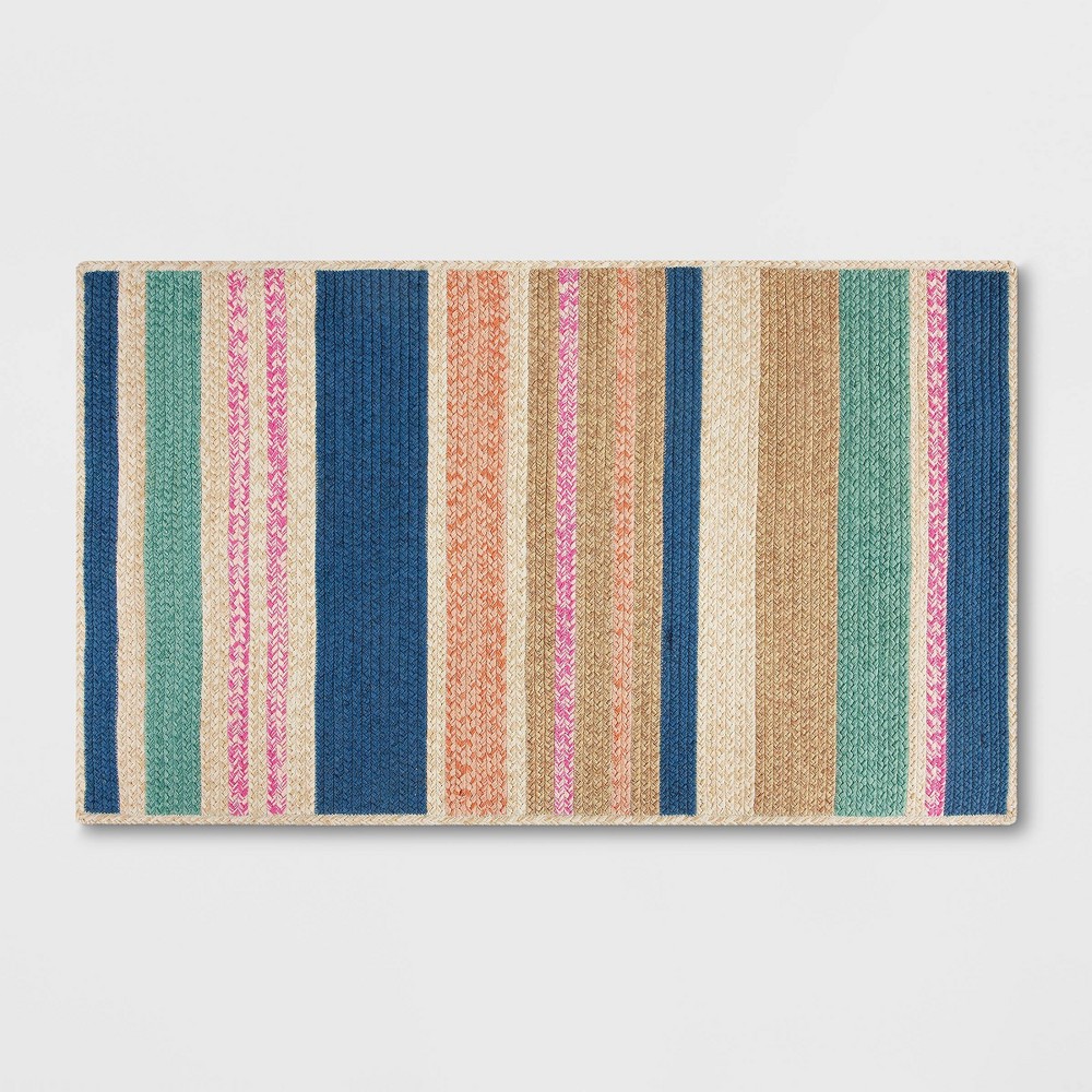 Photos - Doormat 2'6"x4'2" Striped Rectangular Braided Outdoor Accent Rug Multicolor Pastel