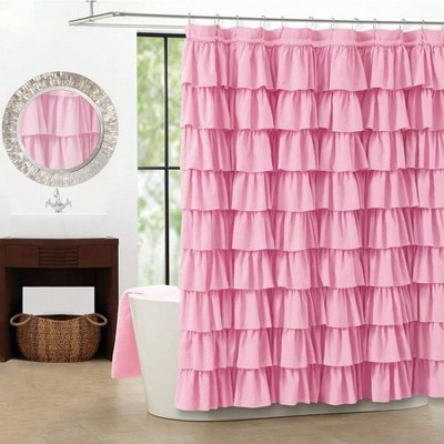 Pink Ruffle Shower Curtain - Farmhouse Ruffled Fabric for Bathroom 72 inches x 72 inch