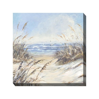 Cottage Garden West of The Wind Beach Grass Blue, Tan 24 x 24 Inch Waterproof Gallery Wrapped Canvas, Outdoor Garden, Yard, Patio All Weather Hanging