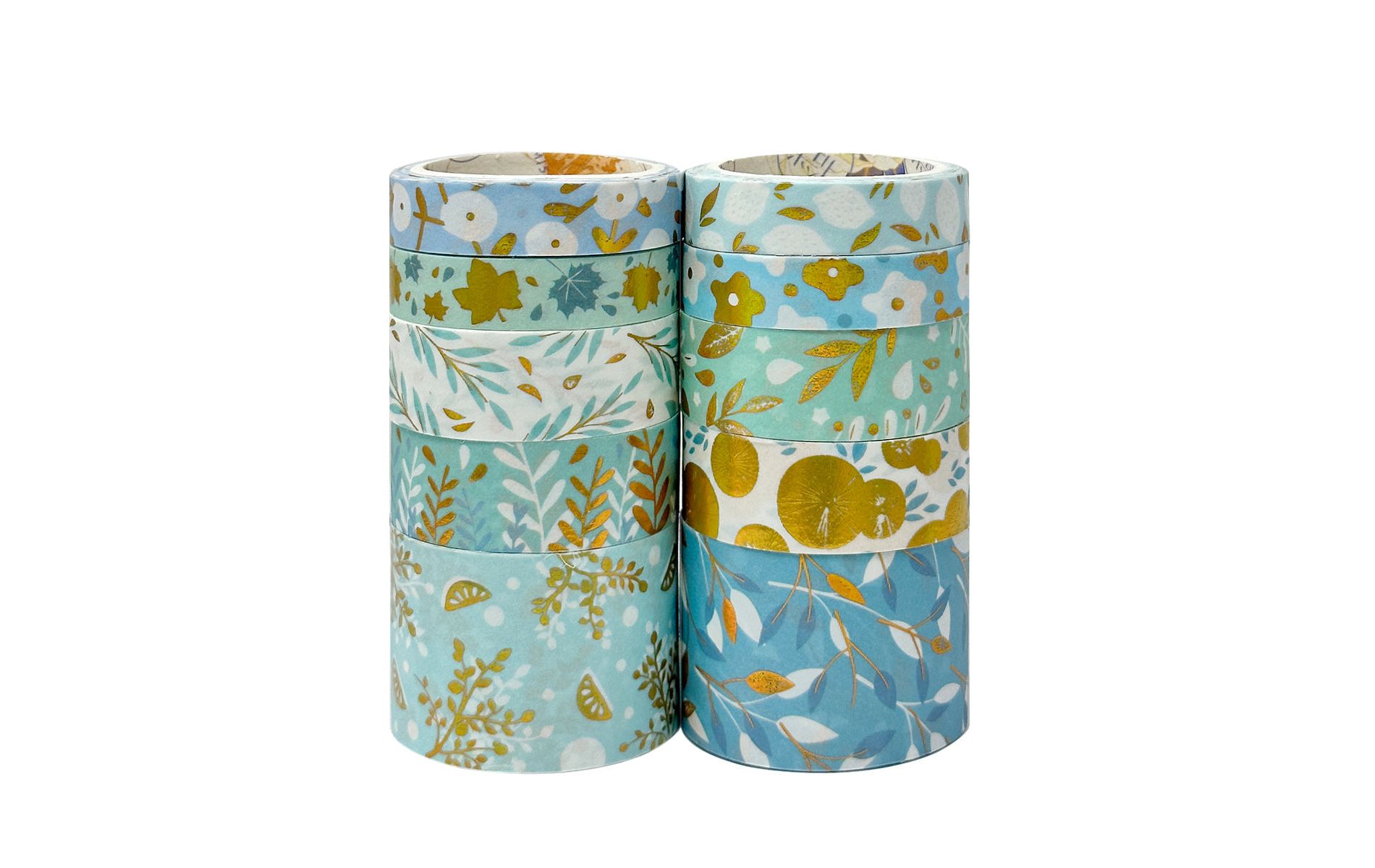 Wrapables Decorative Gold Foil Washi Tape Box Set for Arts & Crafts, Scrapbooking, Stationery, Diary (10 Rolls), Blue Green Bloom