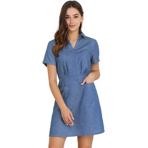 Allegra K Women's Turndown Collar Chambray Solid A-Line Shirt Denim Dress with Pockets - 1 of 4