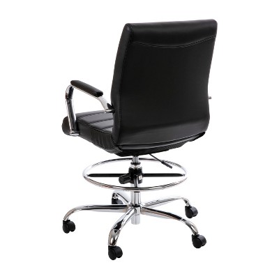 Mid-Back Black Leather Swivel Drafting Chair with Silver Frame