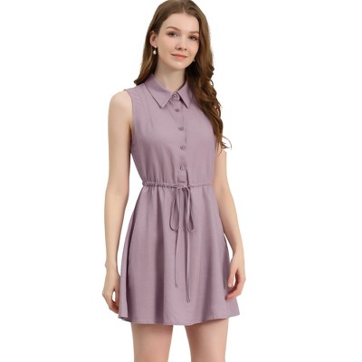 Allegra K Women's Sleeveless Point Collar Drawstring Waist Button Down Shirtdress