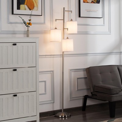 MaseiKar 66.1" 3-Light Tree Floor Lamp with Linen Shades, Adjustable Heads and Foot Switch, Metal Base, Modern Farmhouse Style – Nickel
