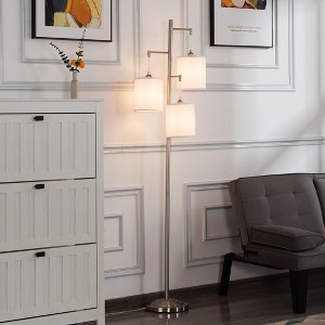 MaseiKar 66.1" 3-Light Tree Floor Lamp with Linen Shades, Adjustable Heads and Foot Switch, Metal Base, Modern Farmhouse Style – Nickel - 1 of 4