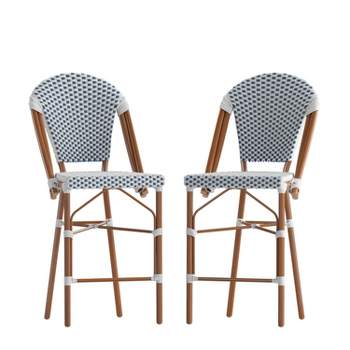 Emma and Oliver Set of Two Indoor/Outdoor 26" High Stacking French Bistro Counter Stools with Patterned Seat and Back and Metal Frames