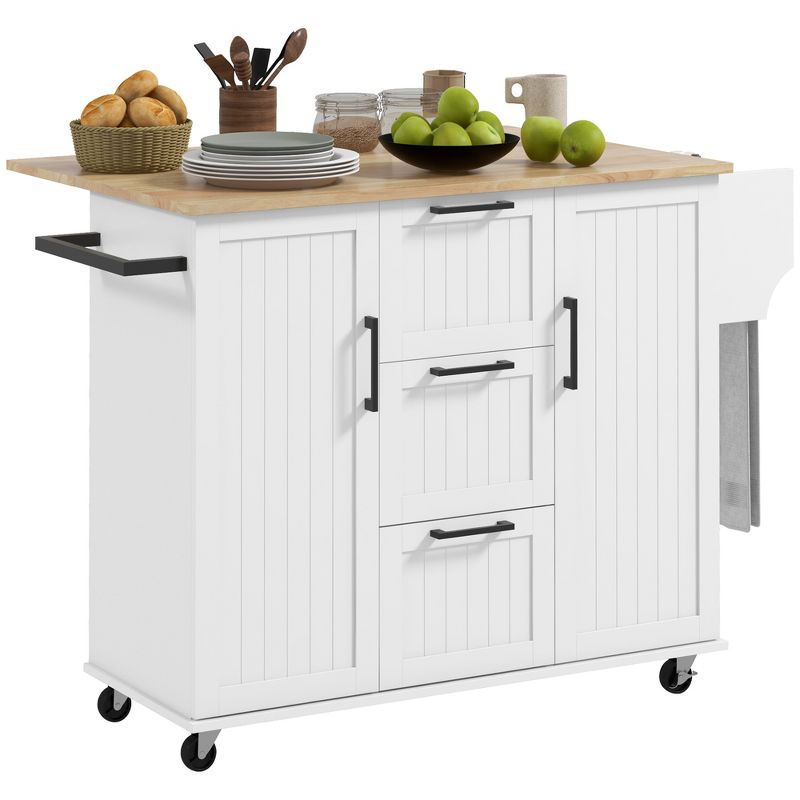 HOMCOM Kitchen Island on Wheels, Rolling Kitchen Cart with Rubber Wood Drop Leaf, 3 Drawers, Storage Cabinets, Spice Rack and Towel Rack, White, 1 of 7