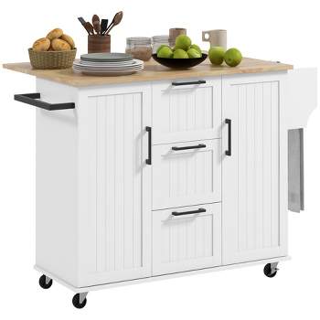 HOMCOM Kitchen Island on Wheels, Rolling Kitchen Cart with Rubber Wood Drop Leaf, 3 Drawers, Storage Cabinets, Spice Rack and Towel Rack, White