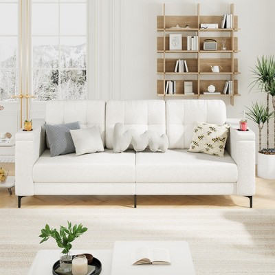 GustoWave 83" 3-seater Sofa with Convenient Side Pockets, Cozy Teddy Velvet Sofa with Cup Holder and Storage Armrest for Living Room