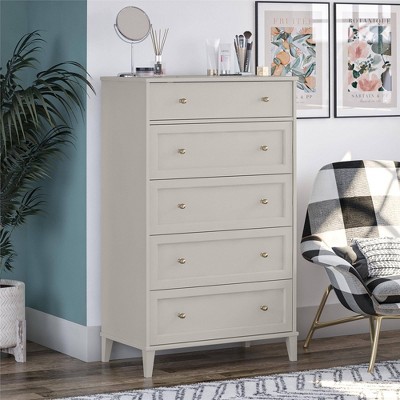 Taupe Tall 5-Drawer Dresser with Gold Hardware