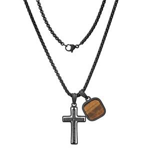 Steeltime 24" Men's black ip stainless steel Lord's prayer spinning cross and tiger eye dog tag pendants - 1 of 4