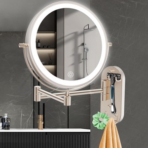 FUNTOUCH Wall Mounted Makeup Mirror, Rechargeable 2-Sided,1X/10X Magnification 3 Color LEDs,Dimmable 360° Rotation with Extension Arm/Hooks - 1 of 4