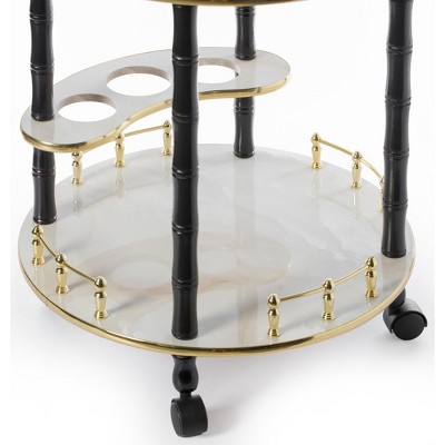 Black and Gold Round Wood Bar Cart with Wine Rack