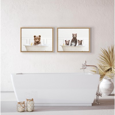 Bear Cub in Bubble Bath Framed Canvas Art, 18x24 Natural