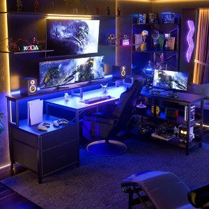 Besiost 66"-73" Reversible L-Shaped Desk with Charging Station, Home Office Computer Desk with LED Lights & Drawers - 1 of 4