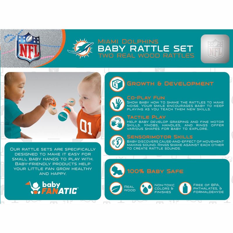 Baby Fanatic Wood Rattle 2 Pack - NFL Miami Dolphins Baby Toy Set, 3 of 5