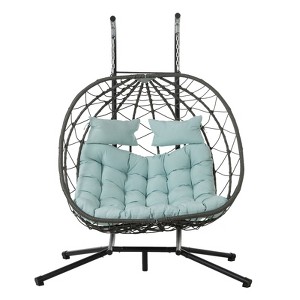 AEELLEEA Egg Swing Chair with Stand Cushion Strong Load Bearing 2 Person Hanging Wicker Hammock Chair for Indoor Outdoor Garden Patio Blue - 1 of 4