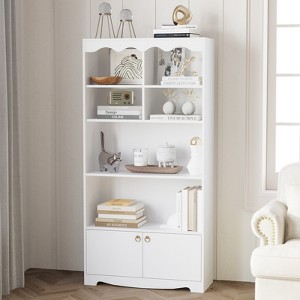 5 Tier Bookcase with Doors, 63 in Tall Modern White Bookshelf with Cabinets, Wood Book Shelf Display Cabinet for Bedroom, Living Room, Office - 1 of 4