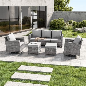 Sonkuki 5-Piece Patio Conversation Set with Swivel Rocking Chair, Navy Blue Cushion - 1 of 4