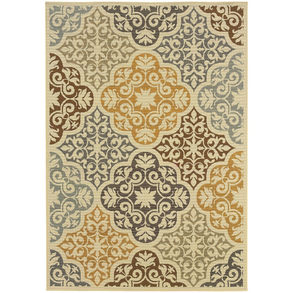 6'7inx9'6in Bombay Floral Tile Patio Rug Ivory/Gray