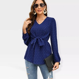 Womens Tops Long Sleeve V Neck Tunic Blouse Tie Waist Tops Retro Pelpum Tops Lantern Sleeve Blouse with Front Tie Knot,Navy - 2XL - 1 of 4