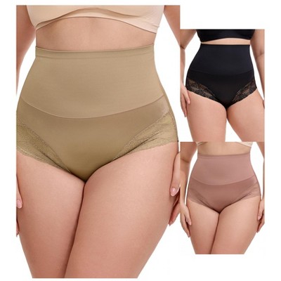 INSPIRE CHIC 3 Packs Women's Lace Trimmed Tummy Control High Waisted Soft Breathable Full Coverage Briefs